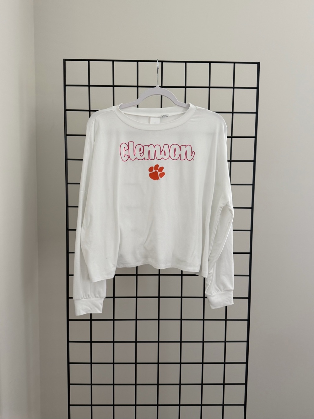 Clemson White Long Sleeve Crop Crewneck with Orange Paw